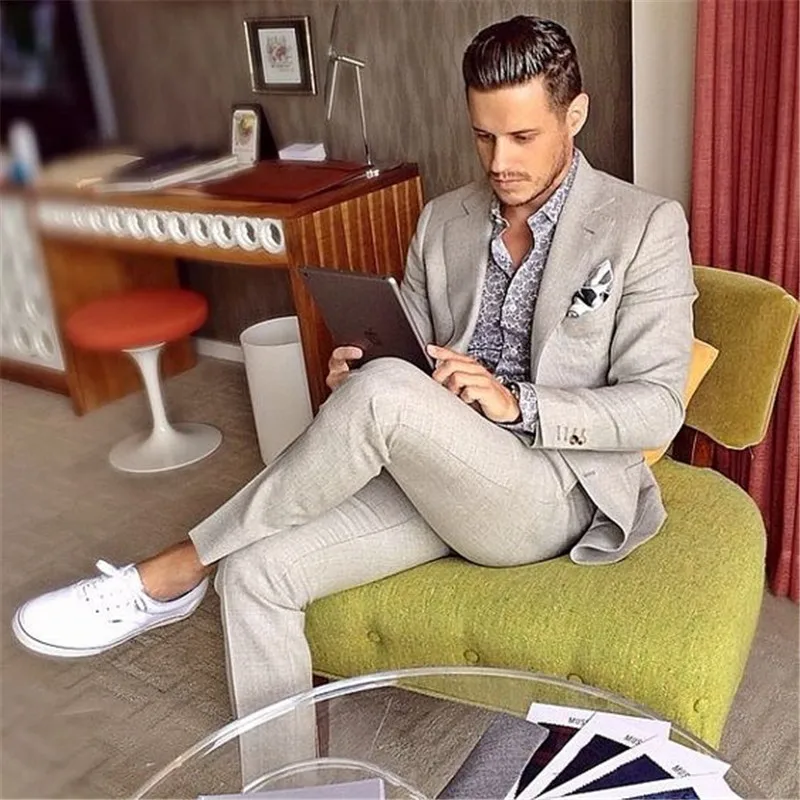 Light Gray Man Suit for Beach Wedding 2 Pieces Groom Tuxedos Men Casual Prom Blazer Suits Groomsman Wear Terno Masculino