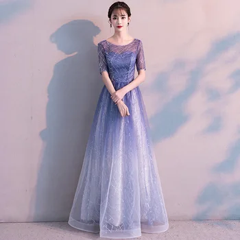 

Summer New Elegant Blue Lady Evening Party Gown Qipao Exquisite Rhinestone Mesh Robe De Soiree Full Length Vestidos De Festa