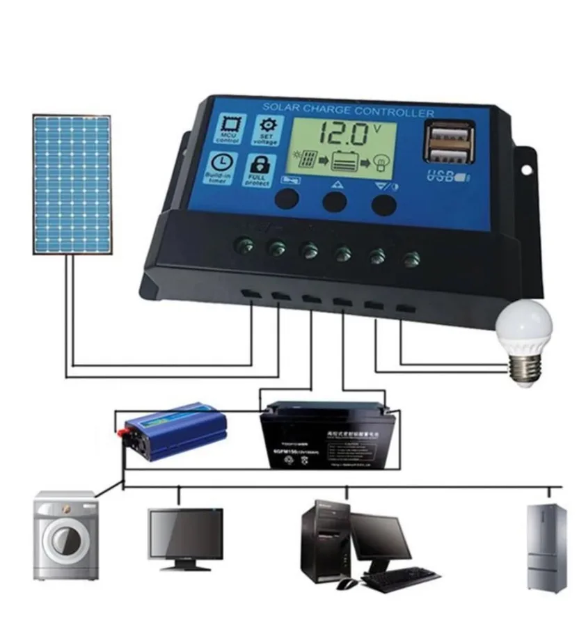 자동 태양광 충전 컨트롤러 PWM 듀얼 USB 출력 태양 전지 패널 충전기 레귤레이터, 12V 24V 전원 HD LCD 디스플레이, 10A, 20A, 30A
