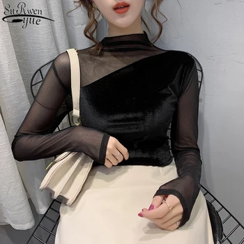 

Winter Fashion Trend Western Style Sexy Hollow Half-turtleneck Long Sleeve Women's Shirt Mesh Top Solid Slim SHIRTS Women 11258