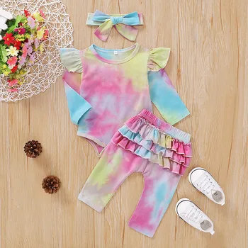 

Infant Baby Girls Rainbow Tie-Dyed Romper Bodysuit+Ruffles Pants Outfits newborn baby kids fashion baby girl winter clothes 2020