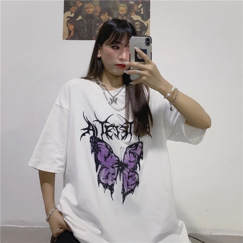 Women's T-shirts 2020 Summer butterfly Print Top Female T-shirt Harajuku Vintage Clothes White O-neck Casual Ladies Tops Shirts
