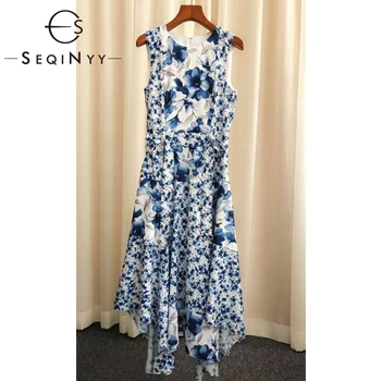 

SEQINYY Vest Midi Dress 2020 Summer Spring New Fashion Design Women High Quality Ink Blue Flowers Print A-line Midi Dress