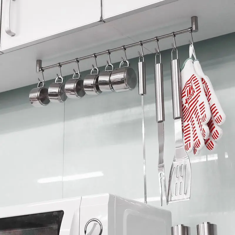 Kitchen Rail Rack Wall Mounted Utensil Hanging Rack Stainless Steel Hanger Hooks for Kitchen Tools Pot Towel