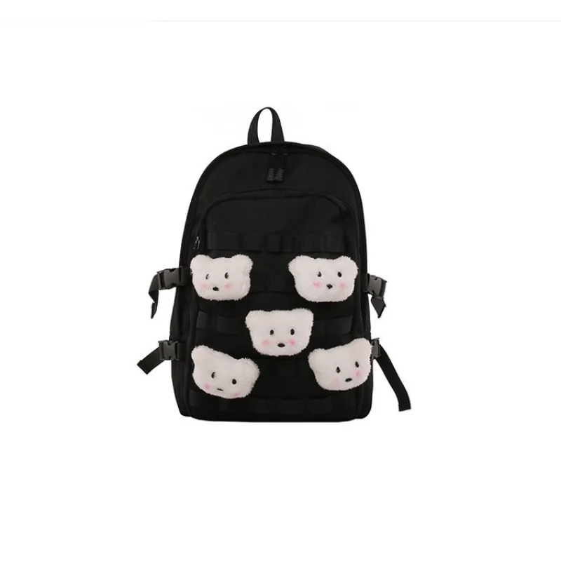 Preppy Students Kawaii Bear Backpack Large Capacity Button Travel Bag Solid Simple Harajuku Fashion Retro Unisex High Street Bag