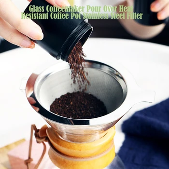 

1pc 400ml Glass Coffee Maker Pour Over Heat Resistant Coffee Pot Stainless Steel Filter Espresso Machine With Filter Mesh