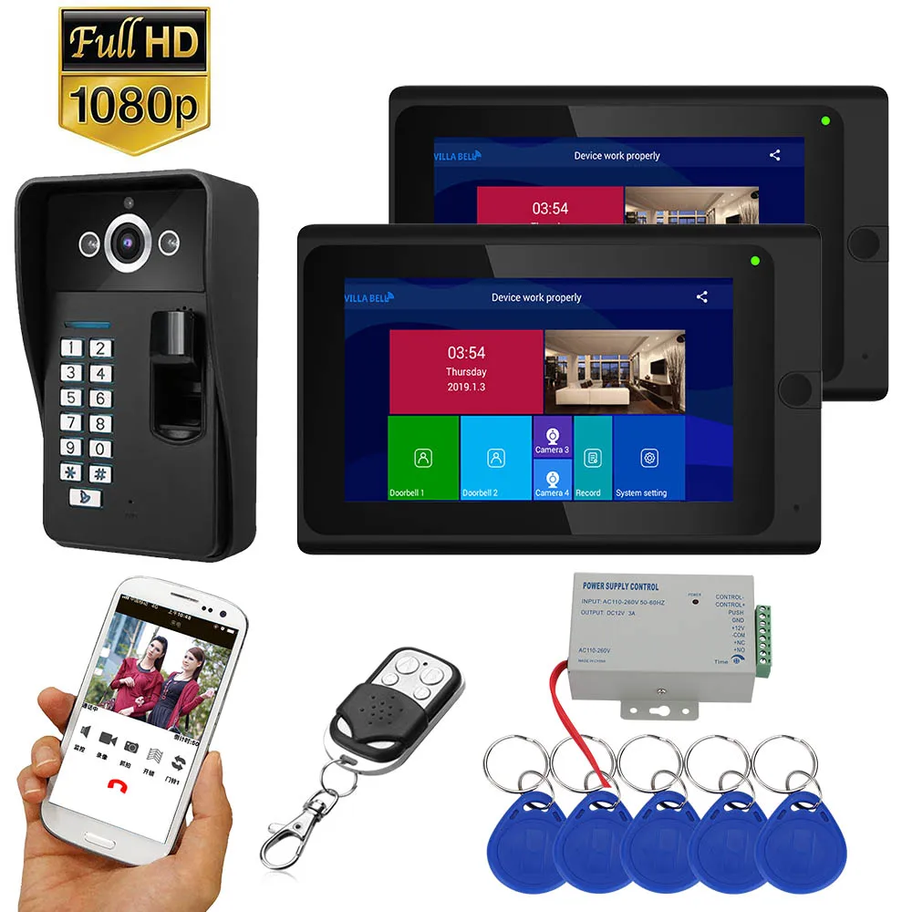 cheap 7 inch Wifi Wireless Fingerprint RFID Video Door Phone Doorbell Intercom System with Wired AHD 1080P Door Access Control Syst