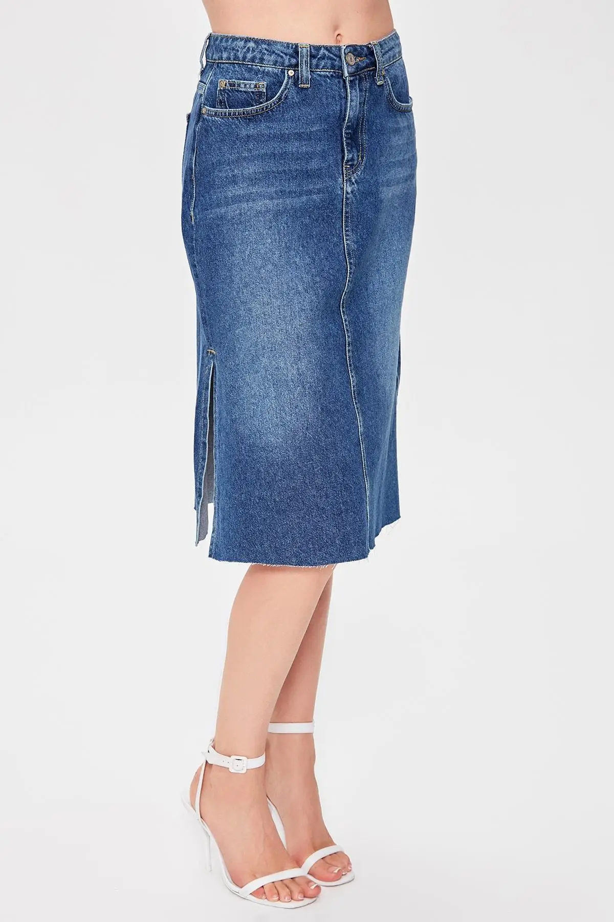 Trendyol/синяя джинсовая миди юбка с разрезами TWOAW20ET0293