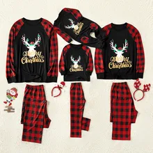 Рождественский пижамный комплект; Семейные комплекты; топ с принтом оленя; брюки в клетку; Семейные комплекты; мягкая одежда для сна с длинными рукавами для родителей и детей