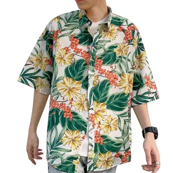 

Summer Women Men Shirt Personality Loose Yellow Floral Printing Short Sleeve Retro Hawaii Beach Shirt Top For Female Male