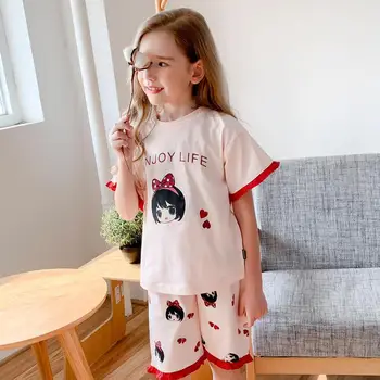 

Summer Thin Cotton Child Pajamas For Girls Short Leeve+shorts Sleepwear Lovely Children Cartoon Print Nightwear Hotel Home Wear