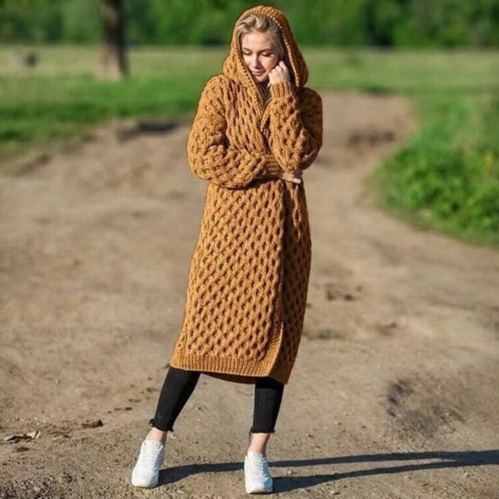 Теплый зимний женский свитер с капюшоном, с длинным рукавом, мешковатый, вязаный, Повседневный, до колена, Одноцветный, для путешествий, свиданий, улицы, ежедневных покупок