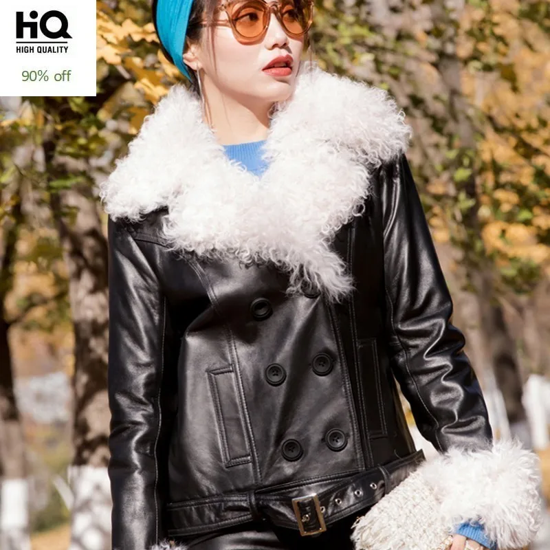 

Fashion Winter Warm Thick Genuine Leather Short Coats Moto Biker Doubule Breasted Lamb Fur Collar Slim Female Plus Size Jacets