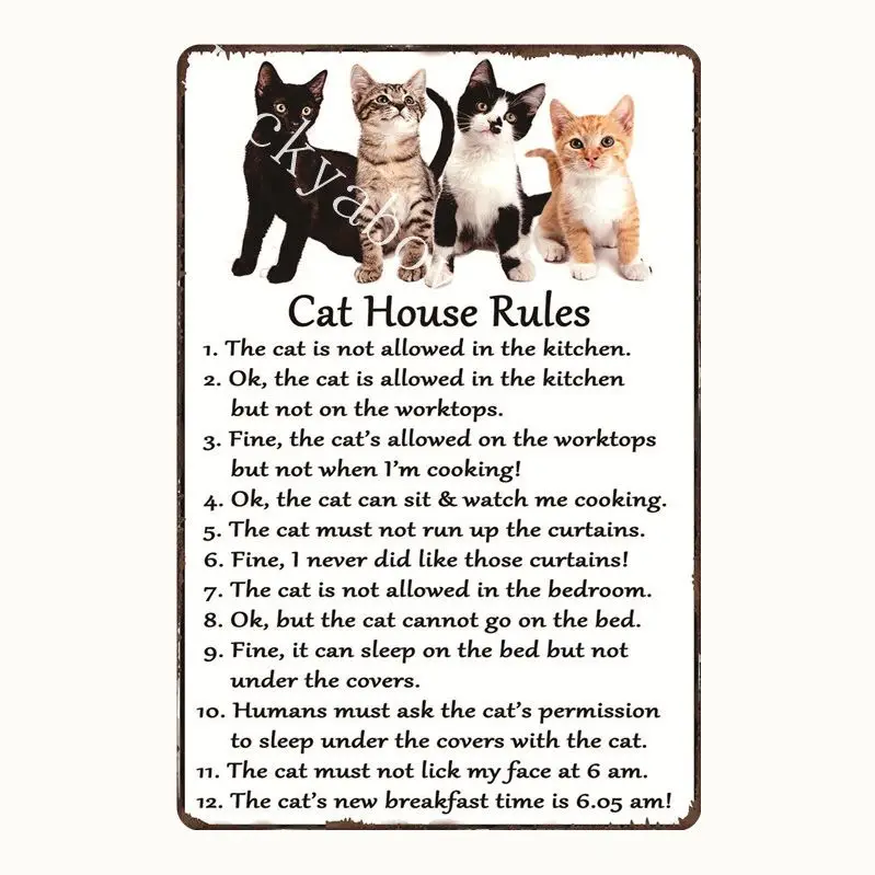 [Luckyaboy] Cat Dog Rules Warning Notice vintage Tin Signs Wall Metal Painting Antique Gift home bar Pub Decor AL017