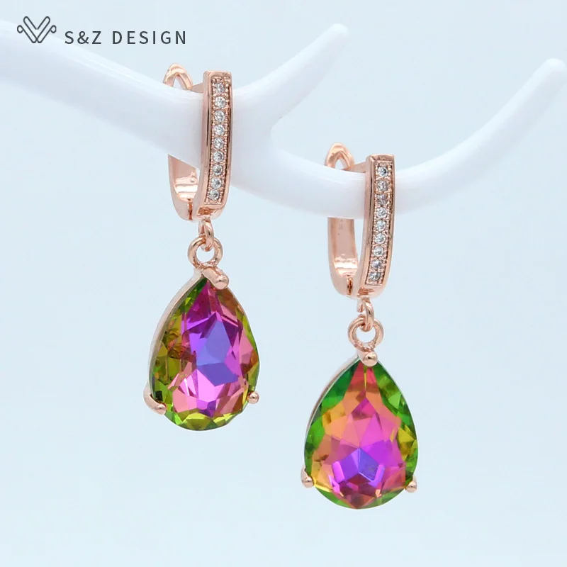 S&Z DESIGN New Fashion Luxury Water Drop Crystal 585 Rose Gold Color Dangle Earrings For Women Wedding Engagement Jewelry
