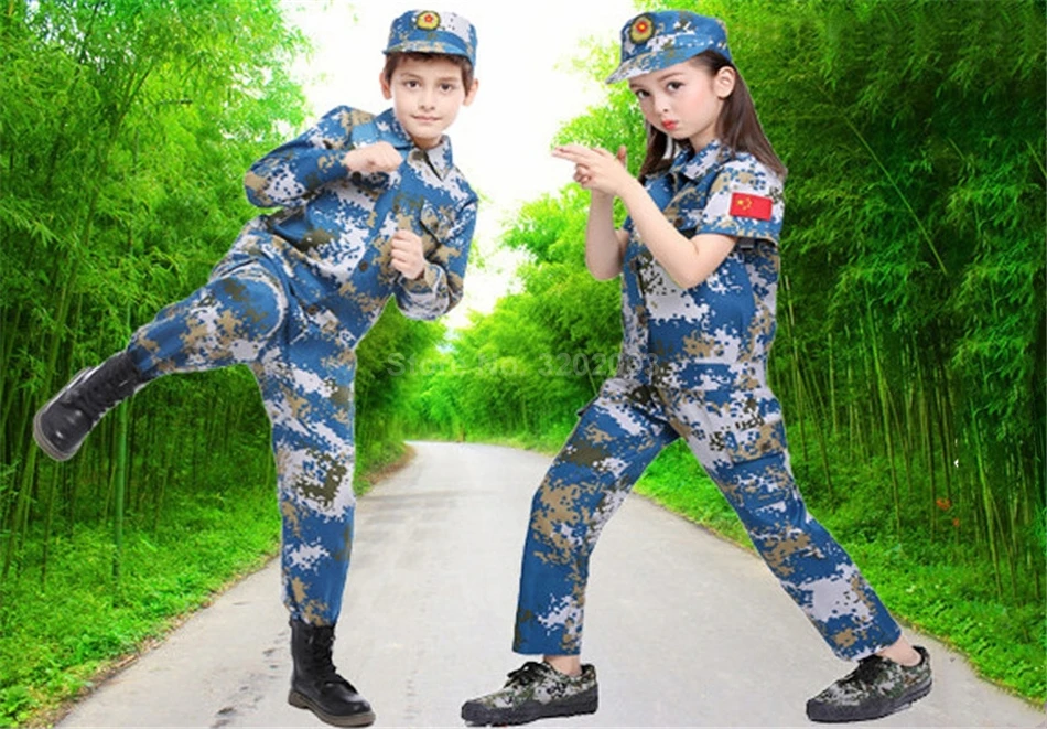 Детская военная форма, одежда для скаутинга в армейском стиле, камуфляжная детская одежда для костюмированной вечеринки+ штаны+ шляпа+ пояс, комплект для мальчиков и девочек, праздничные костюмы