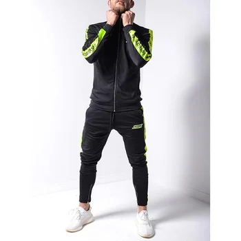 

New Men's Fashion Sports Fitness Suit Body-Length Long-Sleeved Stand Collar Casual Wear Men Stitching + Small Feet Zipper Pants