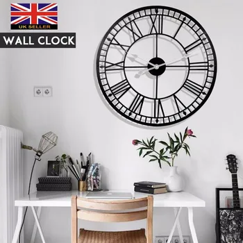 

80cm Roman Numeral Wall Clock Retro Hollow Iron Round Face Black Outdoor Garden Clock Large Metal Wall Clock Decoration For Home