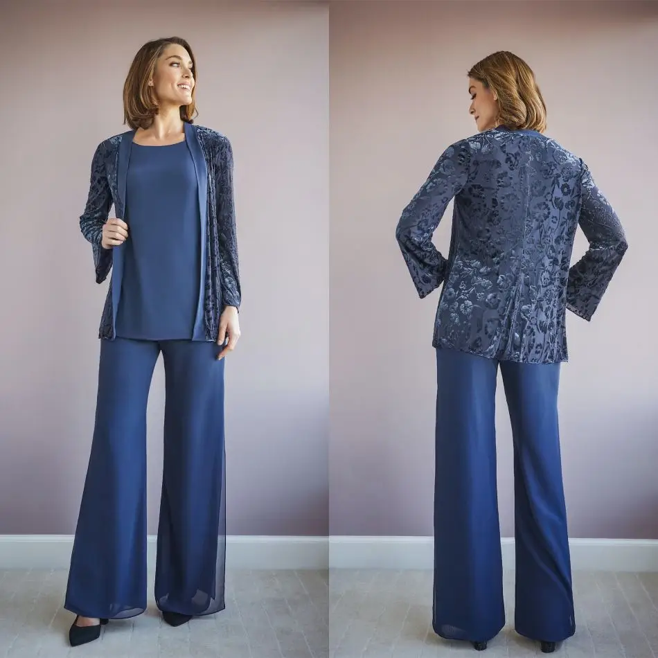 

2020 Chiffon Mother of the Bride Pants Suits Long Sleeves Evening Gowns Custom Made 3 Pieces Suit Wedding Guest Dress