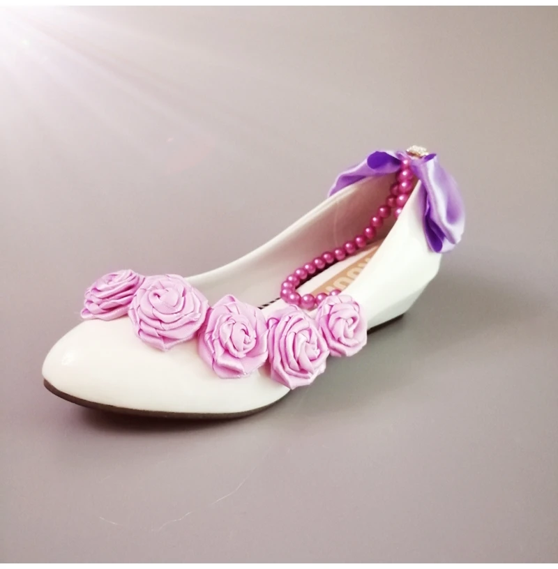 

Woman fashion wedges heel party pumps shoes white with purple pink flower and butterfly-knot ankle beading straps ladies shoe