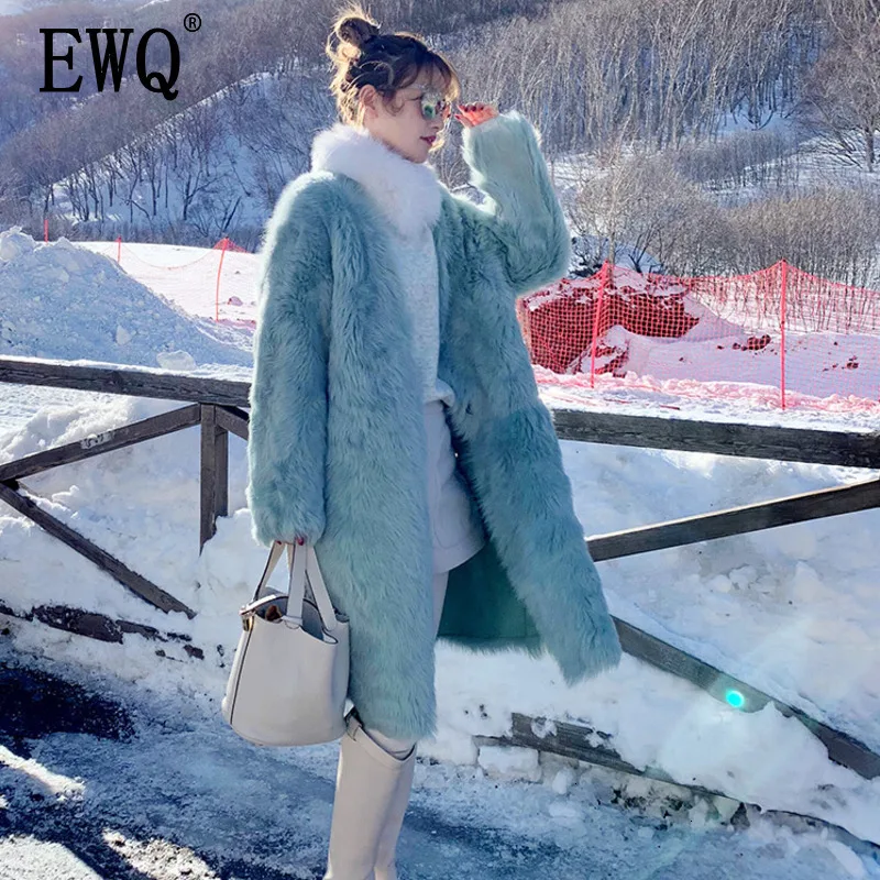 

[EWQ] 2019 Autumn Winter New Pattern Long-sleeved Solid Color Imitation Water Velvet Fur Long Loose Warm Coat Women PA137