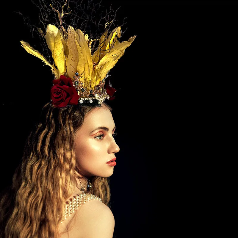 

Cosplay Golden Feather Crown Baroque Creative Rose Branch Vintage Headdress Costumes Accessories Catwalk Show