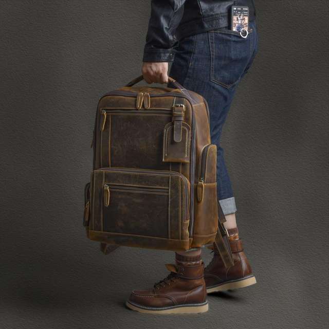 Retro Genuine Leather Men’s Backpack Large Capacity Laptop Bag Multi-pocket Travel School Backpack Male Shoulder Bags Cowhide
