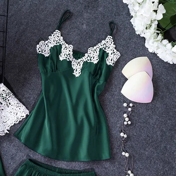 

3 Pcs/Set Women's Silk Satin Sleepwear Pijama With Chest Pads Spaghetti Sexy Women's Nightgown Set Female