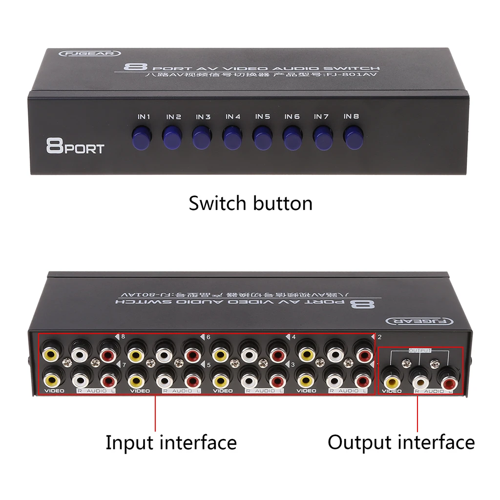 8-Way AV Switch RCA Switcher 8 in 1 out Composite Video L/R Selector Box for DVD STB Game Consoles Random Color av switch