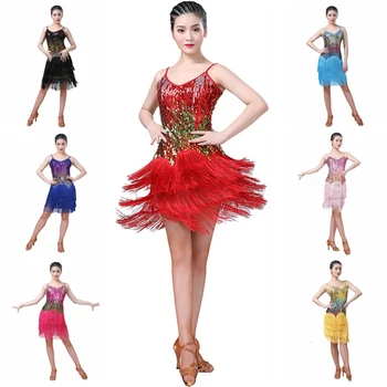 

Sling deep V sexy colorful sequins design dance skirt Latin dance fringed skirt dance performance clothing H6