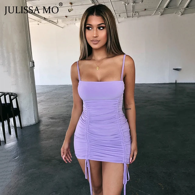 JULISSA MO Purple Sexy Summer Cami Straps Dress Women Drawstring Bandage Bodycon Dresses Backless Club Party