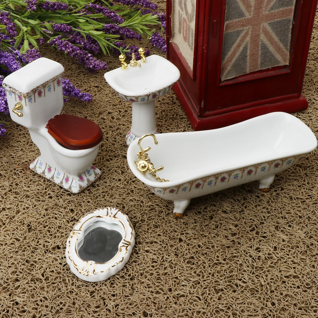 

1/12 Dollhouse Mini Furniture Porcelain Bathroom Set Floral Toilet, Bathtub & Basin #2