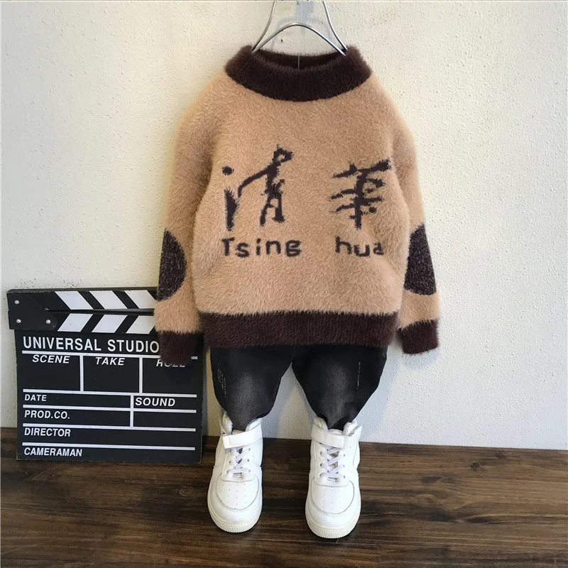 

New Style Baby Velvet Sweater Pullover Autumn And Winter 2019 BOY'S Western Style Mink Autumn Clothing Fashion Crew Neck Base No