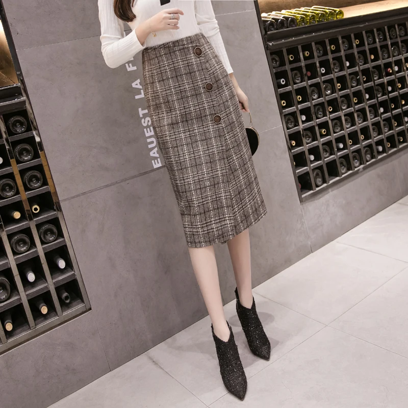 KINOMI Autumn Winter Women's Vintage Woolen Plaid Midi Skirts High Waist Sheath Pencil Knee-Length Wrap Skirts Female New