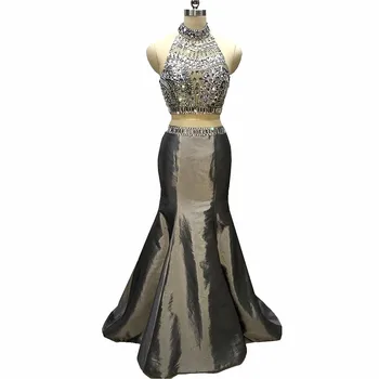 

Backless Two Piece Gray Mermaid Prom Dresses Long 2020 Twinkly Celebration Crystal Beading Halter Formal Evening Party Gowns