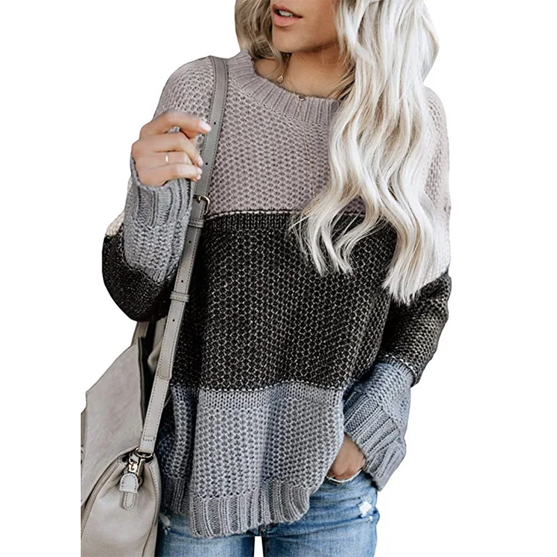LOGAMI с длинными рукавами объединённый Женский трикотажный пуловер с круглым вырезом свитера винтажный полосатый осенне-зимний женский пуловер Джемпер