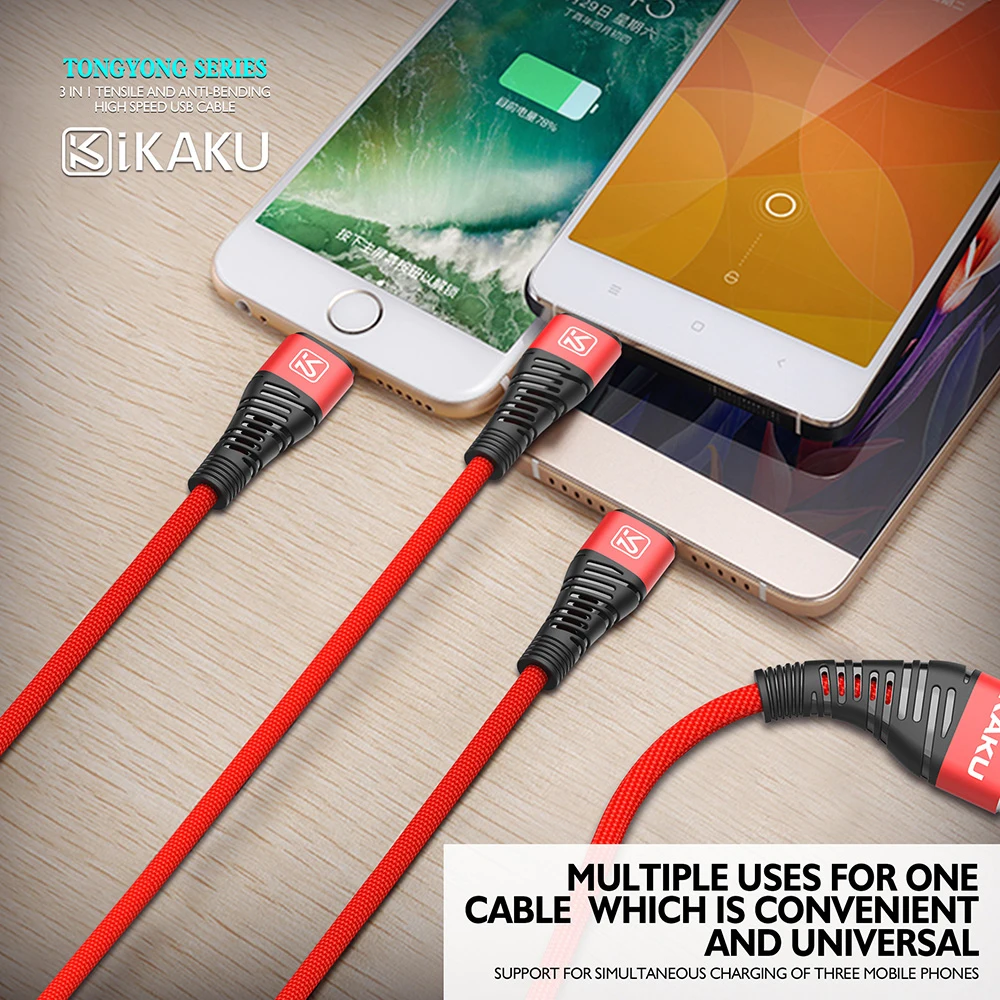 KAKU 3в1 микро USB кабель для быстрой зарядки мобильного телефона для Android для iPhone XR XS Max X type C кабель 2.8A кабель для быстрой передачи данных