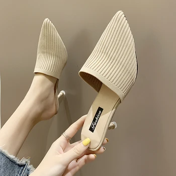 

EOEODOIT 2019 Autumn Spring High Heel Kitten Heel Slippers Stretch Pointy Toe Pumps Slip On Sexy Lady Sandals Slides