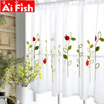 

Bay Window Kids Study Flax Half Curtain Fabrics Embroidered Red Ladybug Curtains For Door Window Partition Kitchen Drape WP121#5