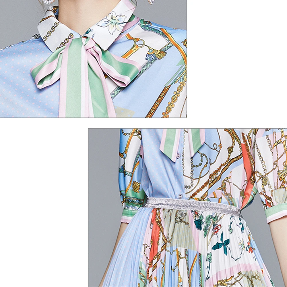 Runway Skirt 2 Piece Set Women Bow Tie Sashes Half Sleeve Floral Blouse Shirts and Irregular Pleated Skirt Women Clothing Set