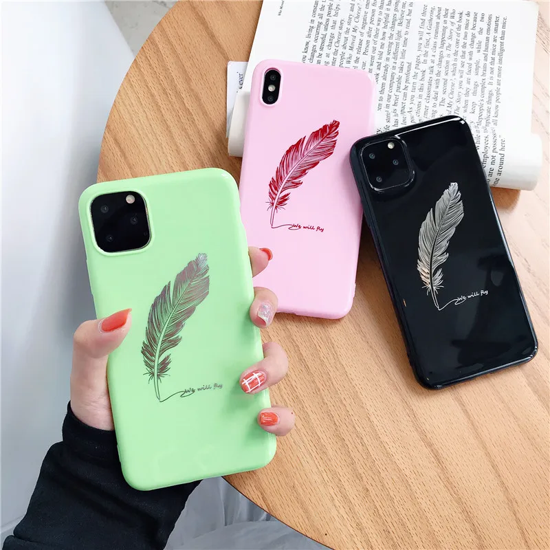 Простой однотонный Мягкий силиконовый чехол с рисунком перьев для iPhone11Pro Max XR Xs 7