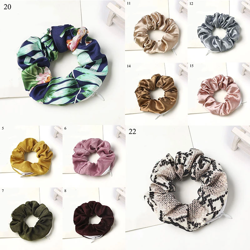 Laser Zipper Scrunchies Elastic Silk Print Hairbands Girls Headwear Ponytail Holder Pocket Hair Ring With Zip Hair Accesories large claw hair clips