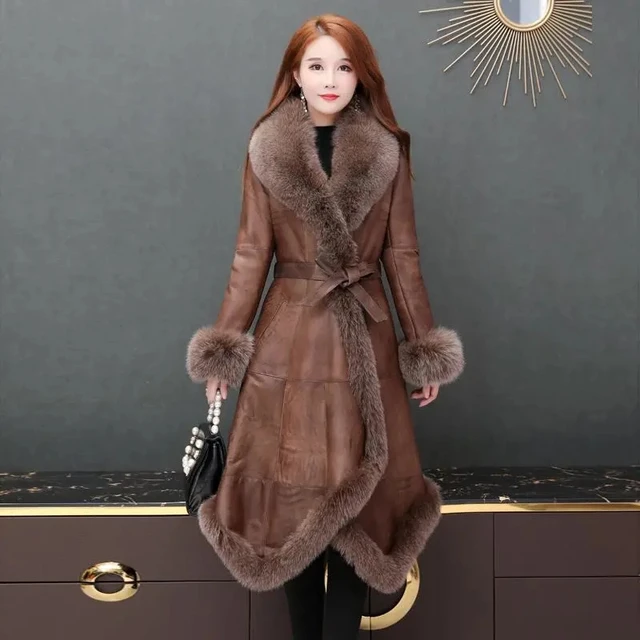Women Mink Fur Coat Leather Thicken Warm Fur Jackets Long Slim Faux Fur Coat With Belt