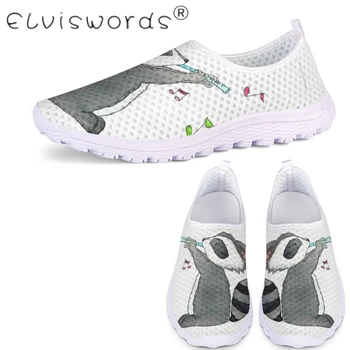 

ELVISWORDS Men Spring Summer White Mesh Lazy Shoes Hot sale Raccoon Art Pattern Slip On Sneakers For Boys Teen Zapators Hombre