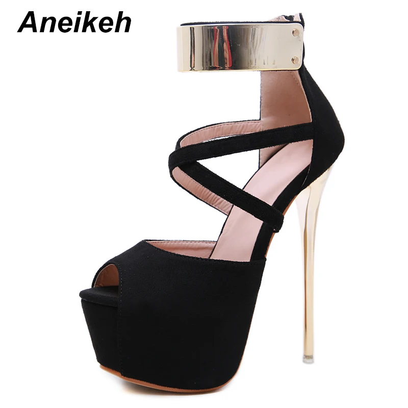 

Aneikeh 2019 Concise Flock Women Heeled Sandals Metal Zip Thin Super High Heel Peep Toe Office Party Lady Shoes Black Size 34-40