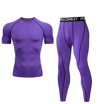 

Men's Fitness Set Compression Round Neck Solid Color Short Sleeve + Pants Set Rashguard Bottoming Shirt Tights MMA Gym Set