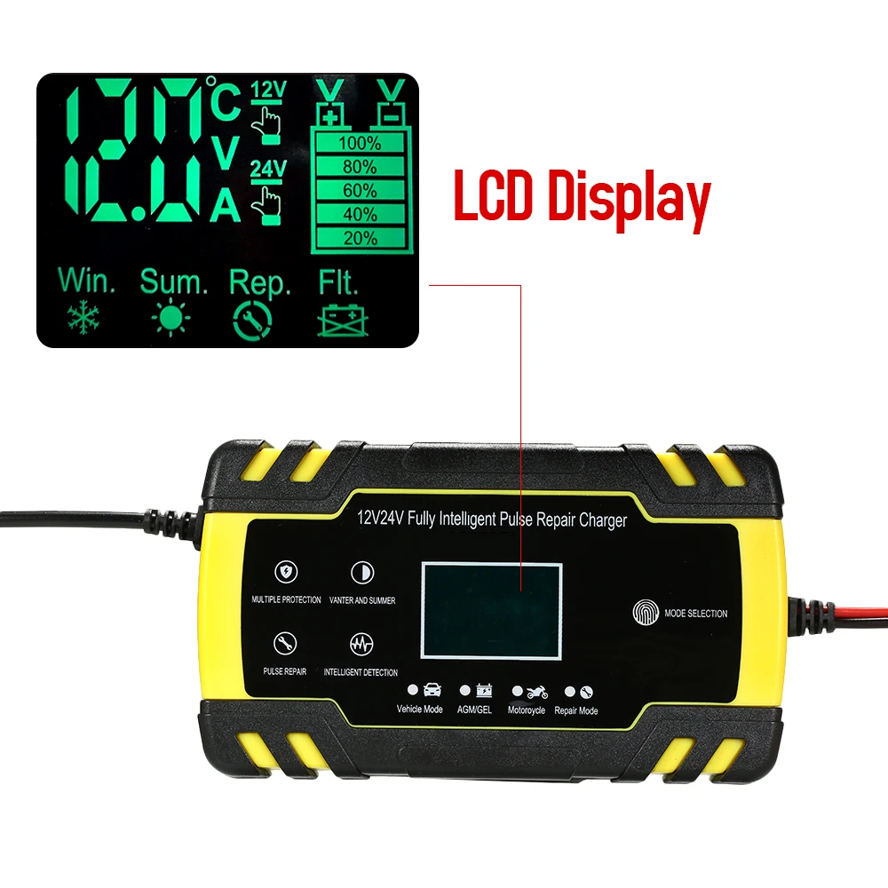 3 этап автоматический автомобильный Батарея Зарядное устройство ЖК-дисплей Дисплей быстрой зарядки 100-240V to12V 8A 24V 4A Батарея Зарядка для автомобиля мотоцикла
