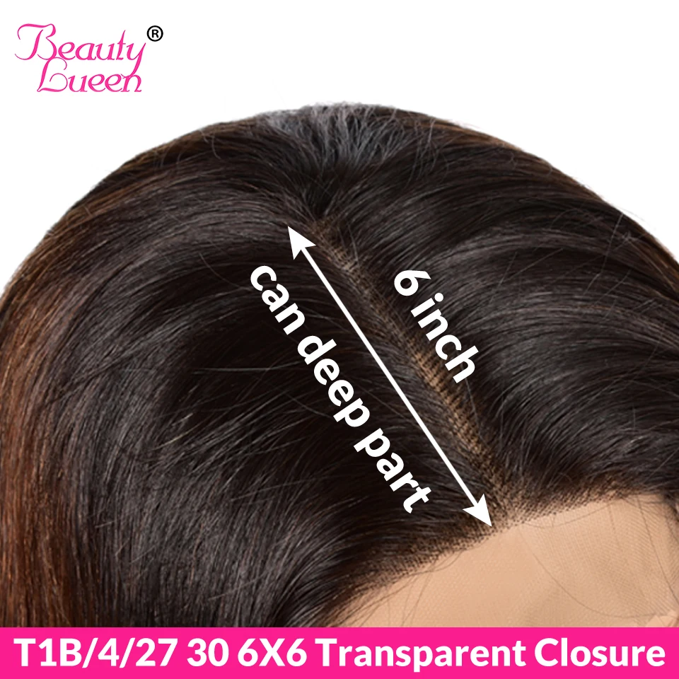 

1B/4/27/30 Ombre Brazilian Body Wave Closure Deep Part 6X6 Transparent Lace Closure Free Middle Part Remy Human Hair Closure