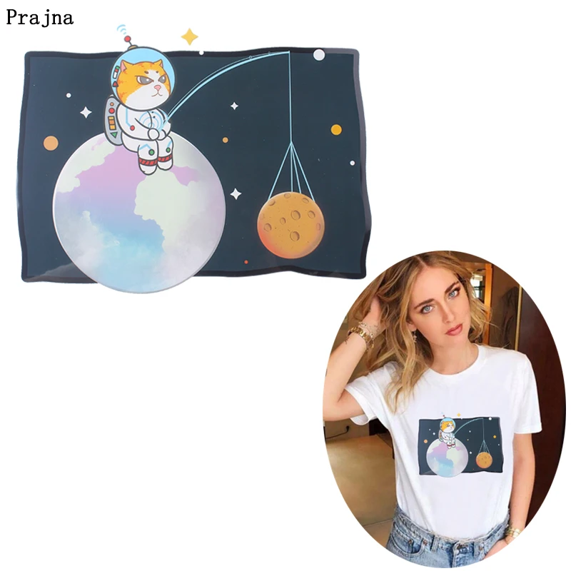 

Prajna Space Cat Patch Iron On Transfers For Kids T-shirt Hoodies Clothes Applique Heat Transfer Washable Stickers Accessories
