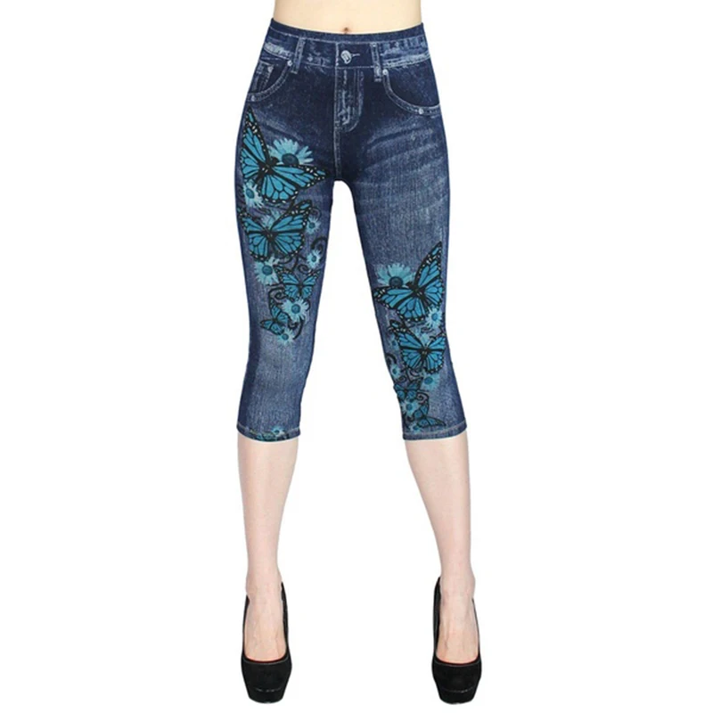 Faux Jeans Leggings Woman Stretch Printed Short Leggins 4\3 Pants Summer Breeches High Waist Perfect Fit Jeans Jeggings